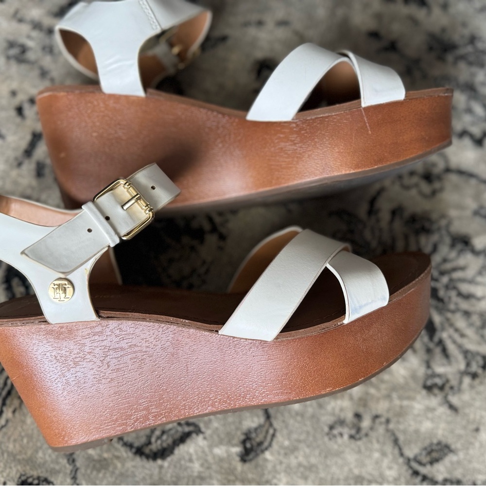 Tommy Hilfiger White and Brown Wedge Sandals